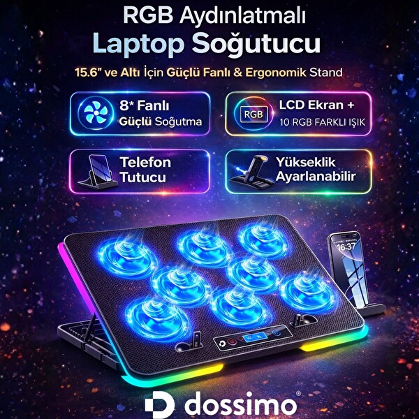 Dossimo S23 Nitro RGB Işıklı 8 Fanlı LCD Göstergeli 2 USB Girişli Yükselebilen Notebook Soğutucu