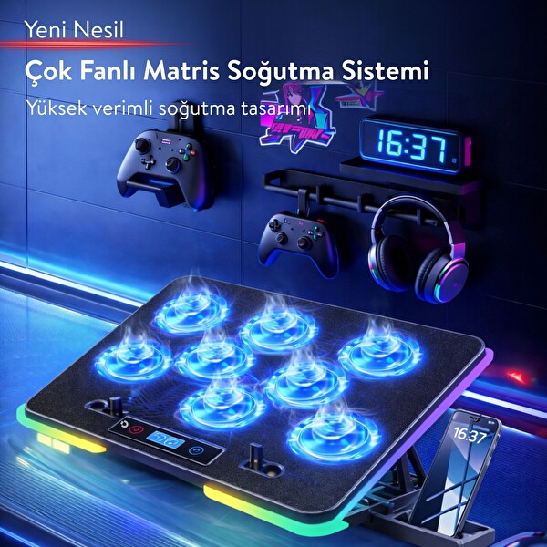 Dossimo S23 Nitro RGB Işıklı 8 Fanlı LCD Göstergeli 2 USB Girişli Yükselebilen Notebook Soğutucu