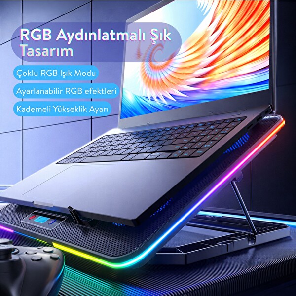 Dossimo S23 Nitro RGB Işıklı 8 Fanlı LCD Göstergeli 2 USB Girişli Yükselebilen Notebook Soğutucu