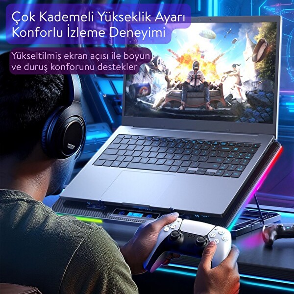 Dossimo S23 Nitro RGB Işıklı 8 Fanlı LCD Göstergeli 2 USB Girişli Yükselebilen Notebook Soğutucu