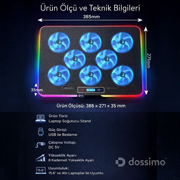 Dossimo S23 Nitro RGB Işıklı 8 Fanlı LCD Göstergeli 2 USB Girişli Yükselebilen Notebook Soğutucu