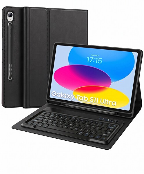 Başkenttekno Samsung Galaxy Tab S11 Ultra Uyumlu Bluetooth Q Klavyeli Standli Kalem Bölmeli Kılıf- Siyah