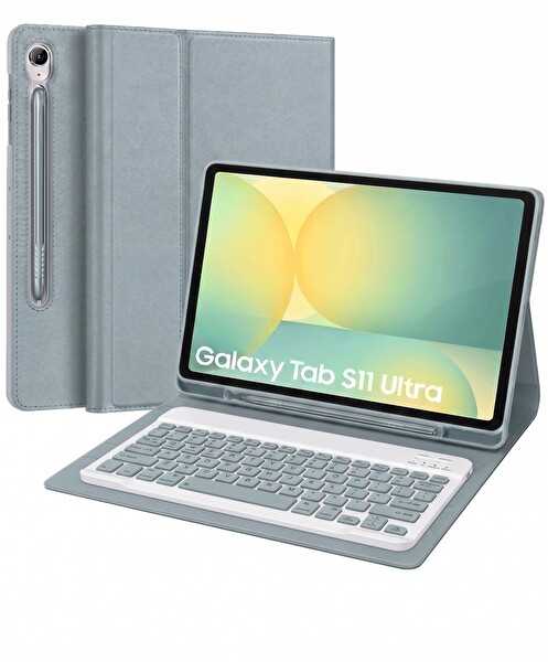 Başkenttekno Samsung Galaxy Tab S11 Ultra Uyumlu Bluetooth Q Klavyeli Standli Kalem Bölmeli Kılıf- Mavi