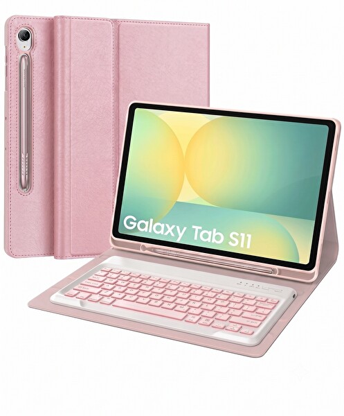 Başkenttekno Samsung Galaxy Tab S11 Uyumlu Bluetooth Q Klavyeli Standli Kalem Bölmeli Kılıf Pembe