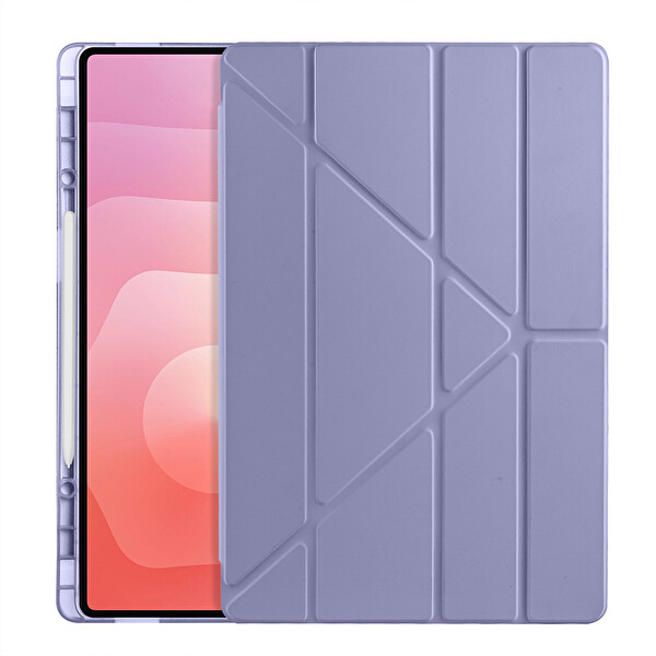 Başkenttekno Samsung Galaxy Tab S11 Ultra Uyumlu Kılıf Tri Folding Kalem Bölmeli Standlı Kılıf Mor
