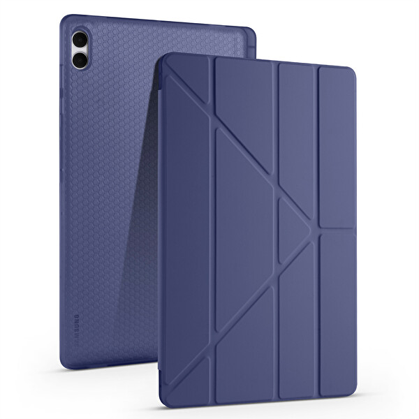 Başkenttekno Samsung Galaxy Tab S11 Ultra Uyumlu Kılıf Tri Folding Kalem Bölmeli Standlı Kılıf Lacivert