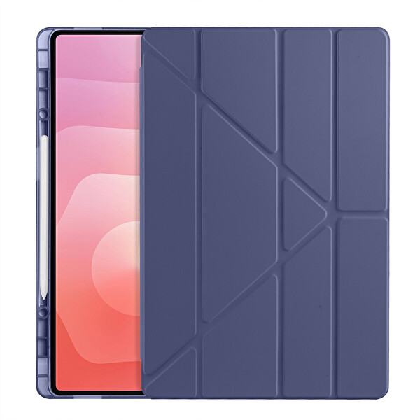 Başkenttekno Samsung Galaxy Tab S11 Ultra Uyumlu Kılıf Tri Folding Kalem Bölmeli Standlı Kılıf Lacivert