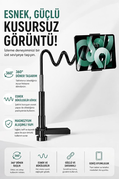 Coverzone Esnek Kollu ENT 360° Döner Ayarlanabilir Masa Kelepçesi Magnezyum Alaşımlı Bükülebilir Gövde Telefon ve Tablet Standı