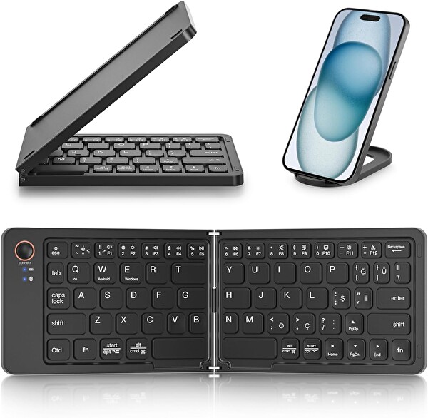 Coverzone Katlanabilir Bluetooth ENT 67 Tuş Makas Mekanizmalı iOS Android Win. Uyumlu USB-C Şarjlı 150 mAh Tablet Klavyesi