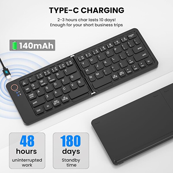 Coverzone Katlanabilir Bluetooth ENT 67 Tuş Makas Mekanizmalı iOS Android Win. Uyumlu USB-C Şarjlı 150 mAh Tablet Klavyesi