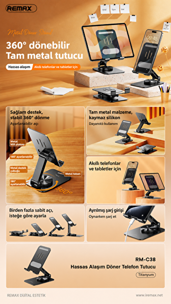 Remax RM-C38 Precision Alloy 360 Derece Döner Metal Masaüstü Telefon Ve Tablet Tutucu Stand