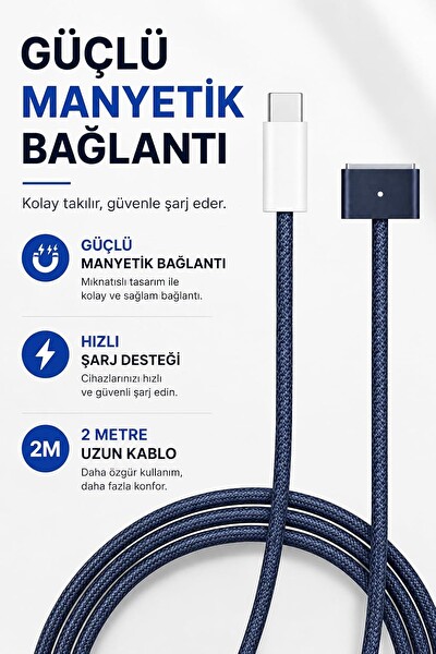 Coverzone USB-C to MagSafe 3 Uyumlu Manyetik ENT 2 Metre MacBook ile Uyumlu Hızlı Şarj Kablosu - LED Şarj Göstergeli