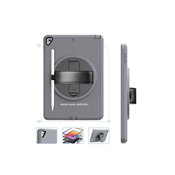 Newface Apple iPad 10.2 (7.Nesil) Kılıf Hand Strap Tablet Kılıfı - Gri
