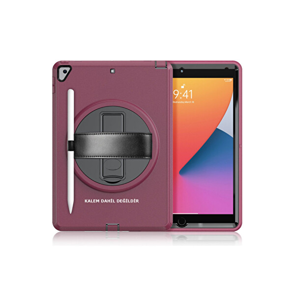 Newface Apple iPad 10.2 (7.Nesil) Kılıf Hand Strap Tablet Kılıfı - Mürdüm