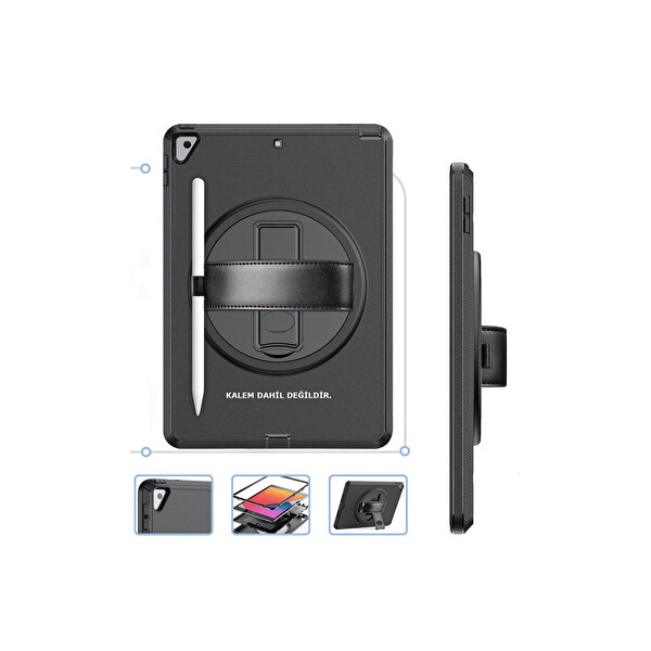 Newface Apple iPad 10.2 (7.Nesil) Kılıf Hand Strap Tablet Kılıfı - Siyah