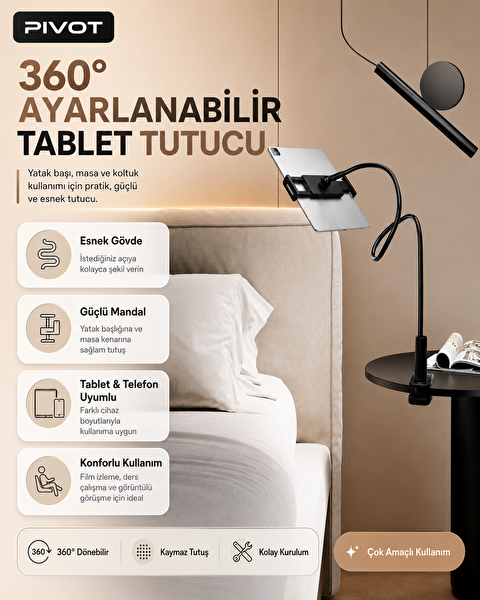 Pivot Masa Kenarı Tablet Ve Telefon Tutucu 360 Derece Esnek Kol Güçlü Kelepçe