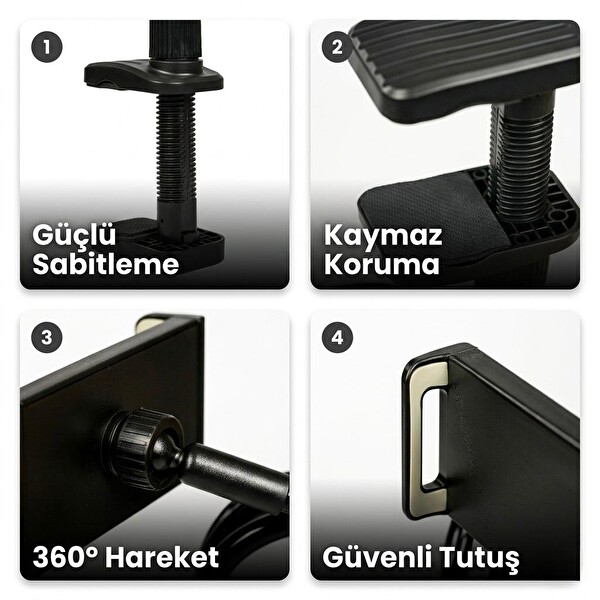 Pivot Masa Kenarı Tablet Ve Telefon Tutucu 360 Derece Esnek Kol Güçlü Kelepçe
