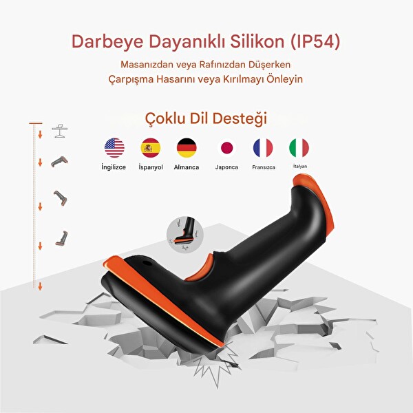 Tera 1D 2D QR Barkod Tarayıcı Pil Seviyesi Göstergeli Darbeye Dayanıklı Kablosuz El Tipi Barkod Okuyucu D5100