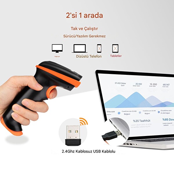 Tera 1D 2D QR Barkod Tarayıcı Pil Seviyesi Göstergeli Darbeye Dayanıklı Kablosuz El Tipi Barkod Okuyucu D5100