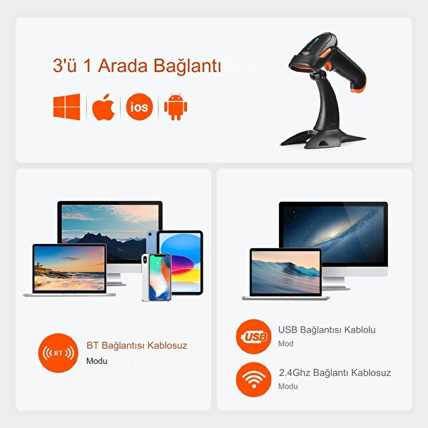 Tera Pro Kablosuz 1D 2D QR Barkod Tarayıcı 3'ü 1 Arada Bluetooth ve 2.4G Kablosuz Barkod Okuyucu HW0002