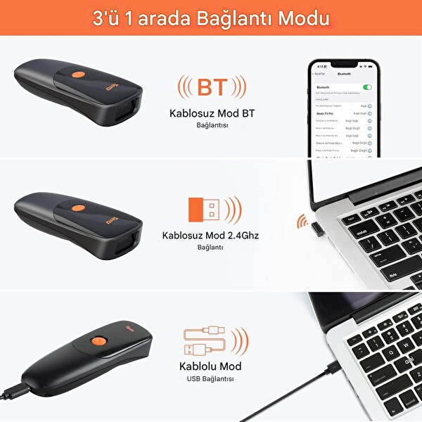 Tera 1300 Kablosuz 1D 2D QR Mini Taşınabilir Zaman Damgalı 3'ü 1 Arada Barkod Okuyucu Bluetooth 2.4G USB Cep Tipi