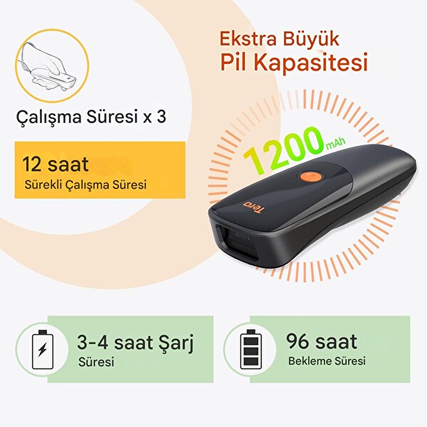 Tera 1300 Kablosuz 1D 2D QR Mini Taşınabilir Zaman Damgalı 3'ü 1 Arada Barkod Okuyucu Bluetooth 2.4G USB Cep Tipi