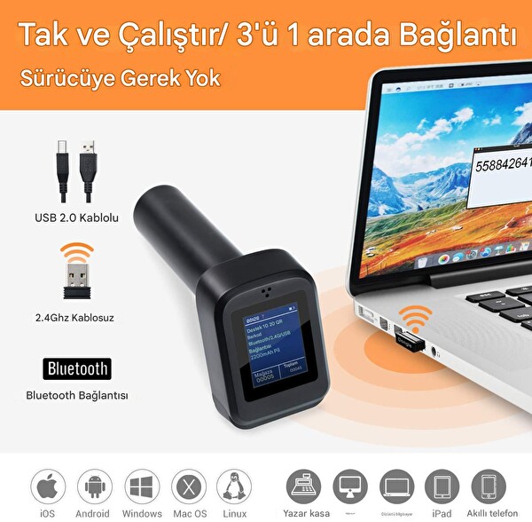 Tera HW0006 Ekranlı Kablosuz 1D 2D QR Barkod Okuyucu Şarjlı Standlı 3'ü 1 Arada Bluetooth 2.4G USB Bağlantılı