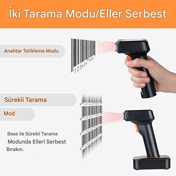 Tera HW0006 Ekranlı Kablosuz 1D 2D QR Barkod Okuyucu Şarjlı Standlı 3'ü 1 Arada Bluetooth 2.4G USB Bağlantılı