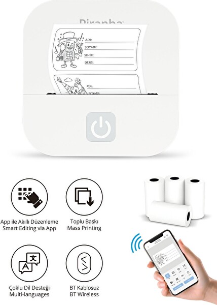 Piranha 5510 Bluetooth 1 Adet 8.5X8.5X4 Ölçülerle Taşınabilir Etiket Makinesi Beyaz