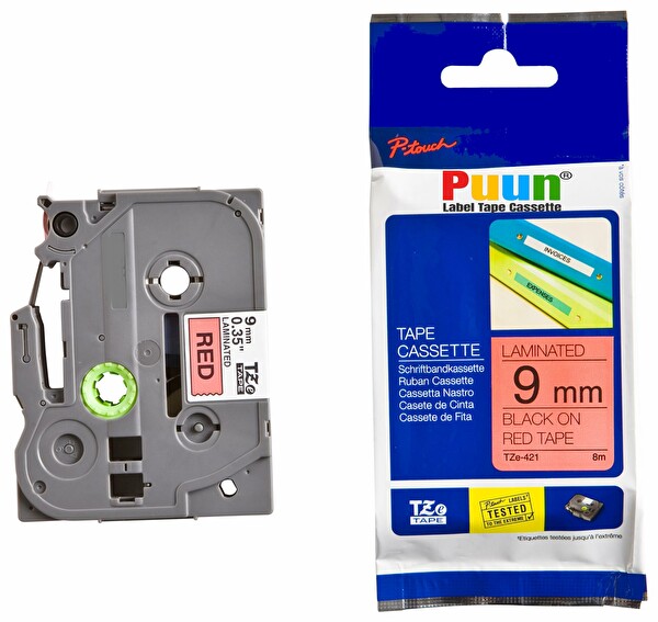 Puun Brother TZE-421 9MM X 8M Kırmızı Üzerine Siyah Muadil Laminasyon Etiket Şeridi