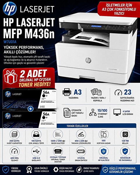 HP LaserJet MFP M436n W7U01A A3 Mono Lazer Yazıcı ATSM Tarayıcı Fotokopi 23PPM Ethernet USB - 2 Adet Muadil Toner Hediye