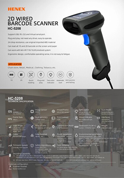 Henex HC5208 2D Kablolu Standlı Barkod Okuyucu USB - 1.0 MP - Stand