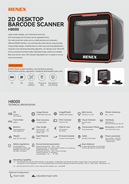 Henex H8000 1D/2D USB Masaüstü Barkod Okuyucu