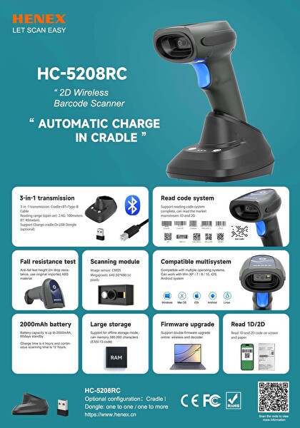 Henex HC5208RC 2D Kablosuz Barkod Okuyucu 1.0 MP - 2.4G - Cardle BT HID - BLE - 3'ü 1 Arada - USB Dongle