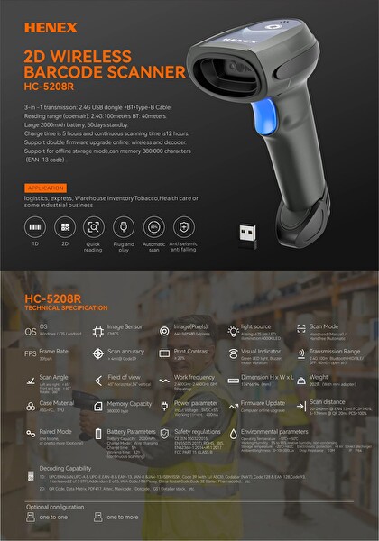 Henex HC5208R 2D Kablosuz Barkod Okuyucu 1.0 MP - 2.4G - Bluetooth HID - BLE - 3'ü 1 Arada - USB Dongle
