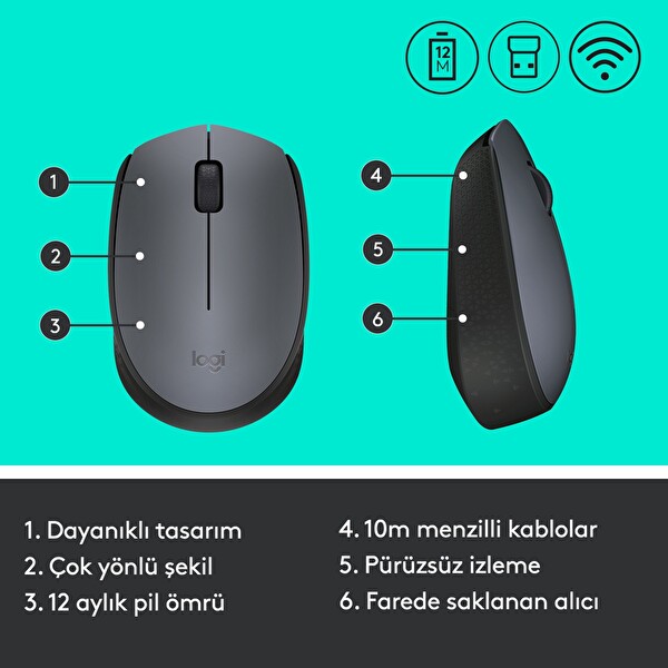 Logitech M170 USB Alıcılı Gri Kablosuz Mouse