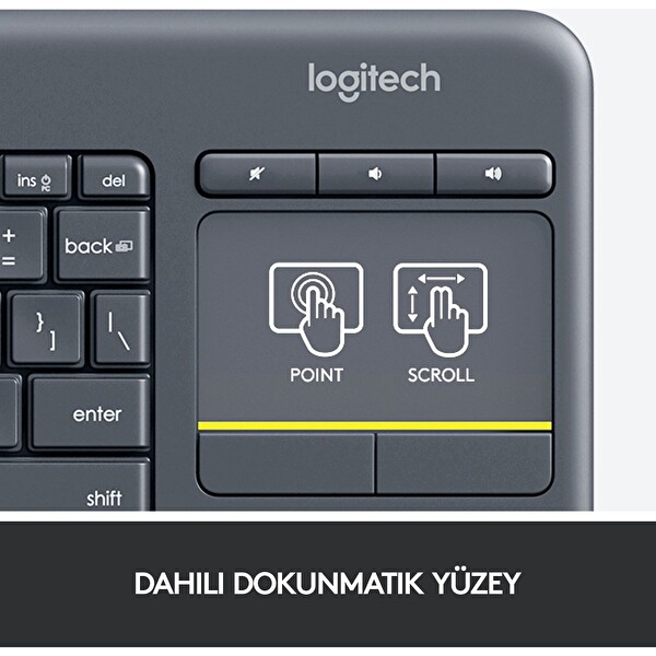 Logitech K400 Plus Dokunmatik Yüzeyli USB Bağlantılı Türkçe Q Siyah TV Klavyesi