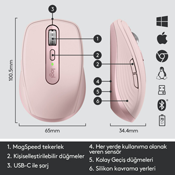 Logitech 910-005990 MX Anywhere 3 Kompakt Lazer Pembe Kablosuz Mouse