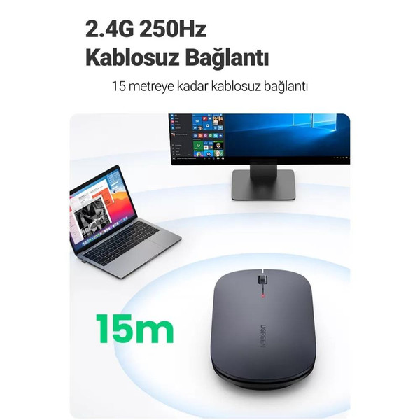Ugreen MU001 2.4 GHz Sessiz Tuşlu Optik Gri Kablosuz Mouse