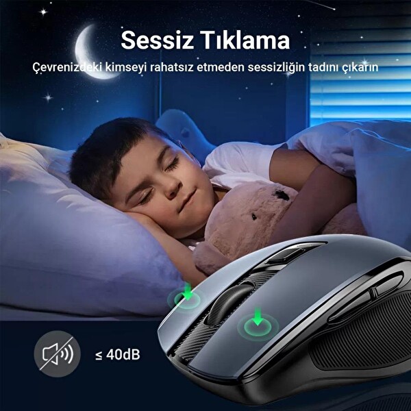 Ugreen MU006 4000 DPI Ergonomik Sessiz Optik Koyu Gri Kablosuz Mouse