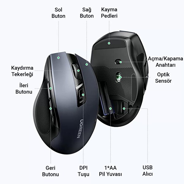 Ugreen MU006 4000 DPI Ergonomik Sessiz Optik Koyu Gri Kablosuz Mouse