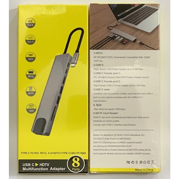 Technow 8 in 1 4K Type-C USB 3.0 Hub HDMI RJ45 SDTF Adaptörü