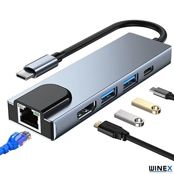 Winex 5in1 Type-C To Hdmı 2xUSB-A 3.0 Ethernet Hub Port Adaptör