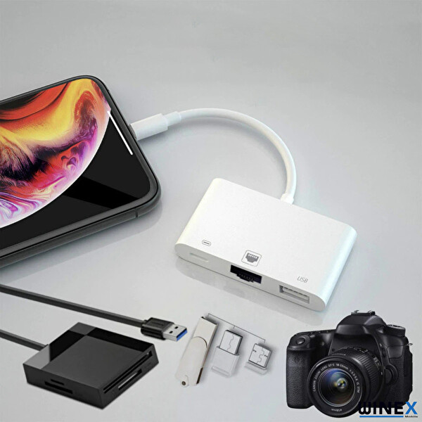 Winex 3in1 Lightning To RJ45 + Usba + Lightning Şarj Girişli Dönüştürücü Adaptör
