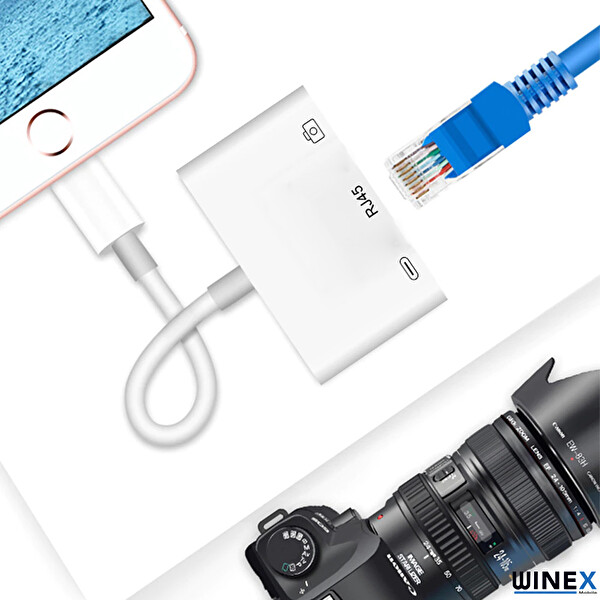 Winex 3in1 Lightning To RJ45 + Usba + Lightning Şarj Girişli Dönüştürücü Adaptör