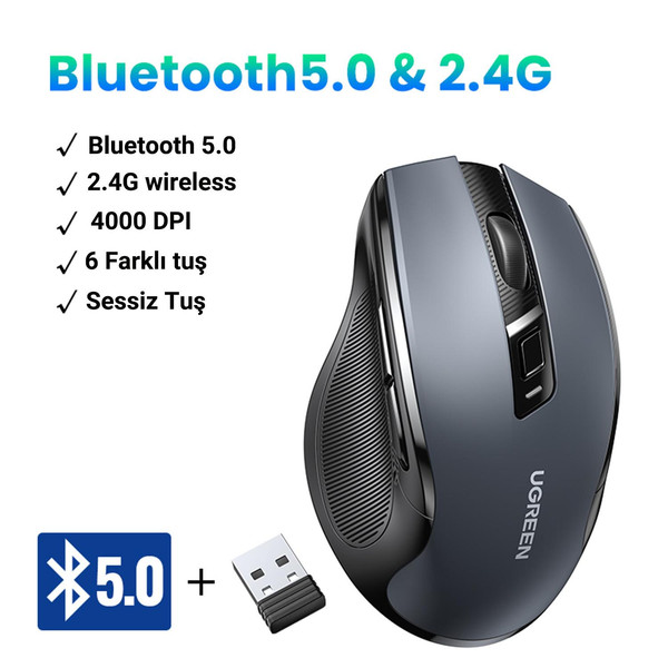 Ugreen Dual Mode 2.4 GHz 4000 DPI Sessiz Optik Siyah Kablosuz Ve Bluetooth Mouse