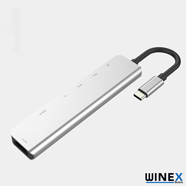 Winex 7in1 4K HDMI+USB-A+SD/TF Kart 100W PD Girişli USB Type-C Hub Port Adaptör