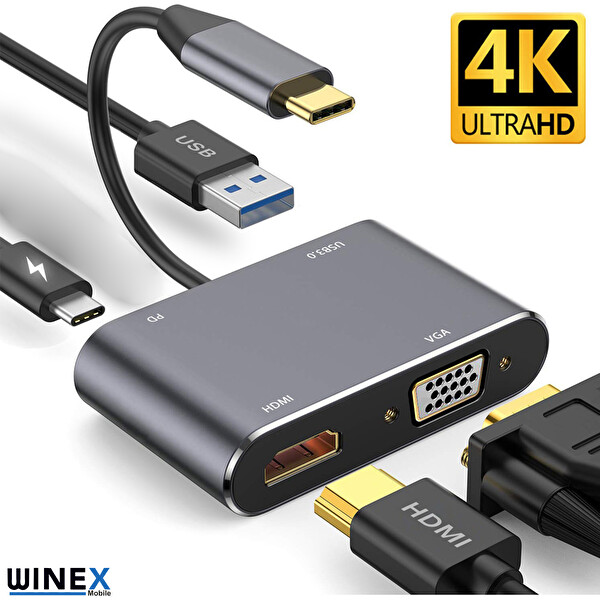 Winex 4in1 Type-C to Hub PD 100W+HDTV+VGA+USB-A Dönüştürücü Adaptör