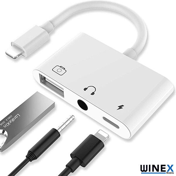 Winex 3in1 Lightning to 3.5mm AUX+USB-A OTG+Lightning Şarj Adaptör Dönüştürücü