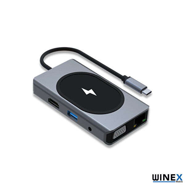 Winex 9in1 4K HDMI USB Ethernet PD Girişli 15W Kablosuz Şarj USB Type-C Hub Port Adaptör
